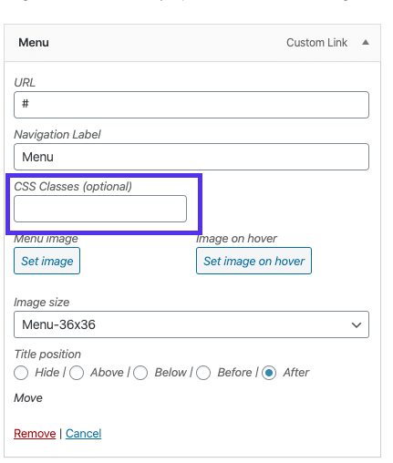 Trường Lớp CSS trong trình chỉnh sửa menu