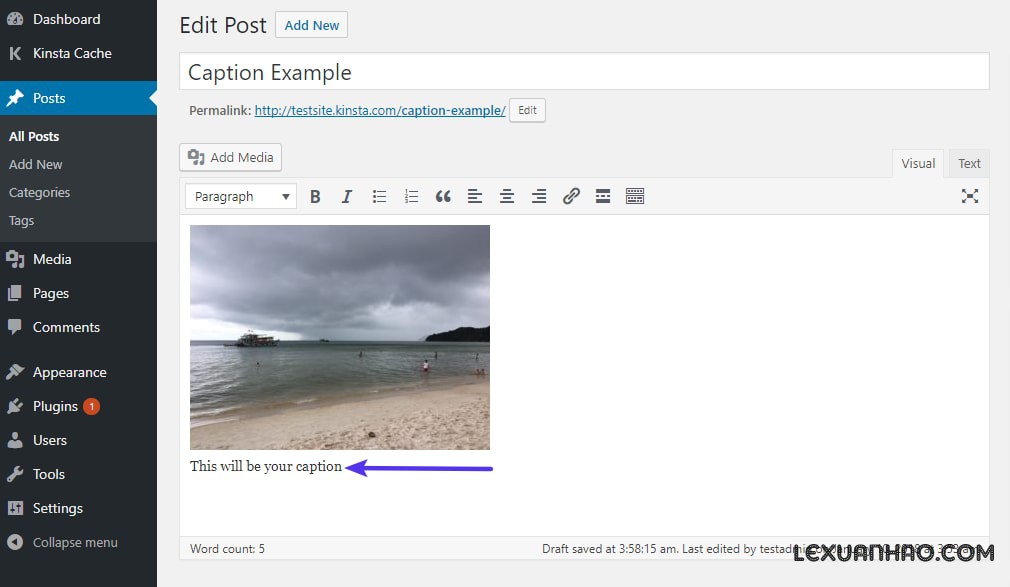 Một ví dụ về cách hiển thị chú thích hình ảnh trong trình chỉnh sửa WordPress