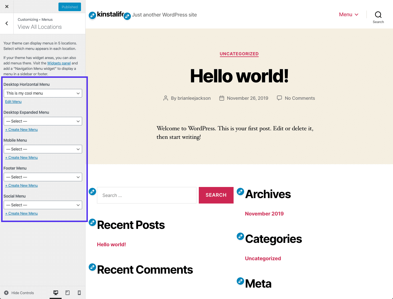 Bản xem trước trực tiếp cho menu WordPress trong Customizer